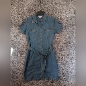 YK2 Faded Glory Dress Women 14 Blue Shirt Snap Belt Casual Denim Cotton VTG